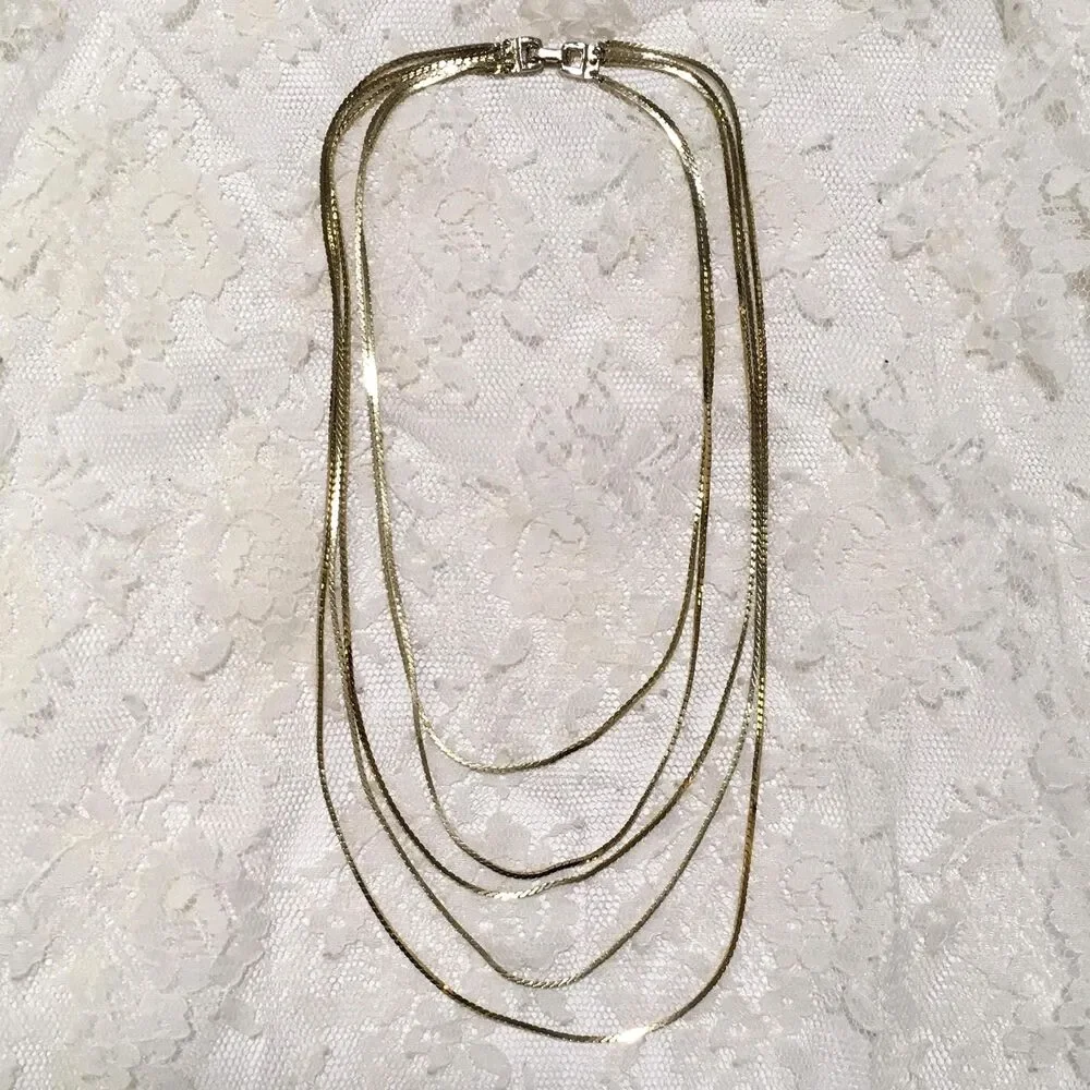 Vintage Multi-Chain Layer Necklace Gold Clasp 5 Strands Minimalist Everyday